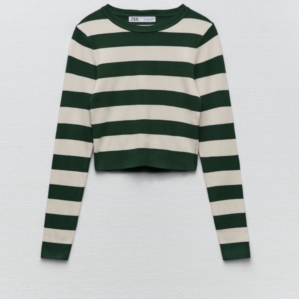 Zara cream & green striped cropped long sleeve